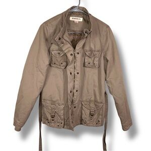 Large Hydraulic Khaki Beige Cargo Pockets Belted Jacket Womens